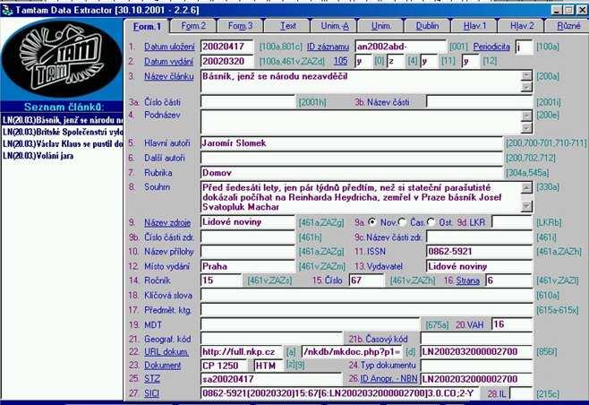 Automaticky se generují údaje jmenného popisu, URL, SICI, částečně LKR.