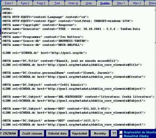 Vygenerovaná data v hlavičce Dublin Core (dále v aplikacích XHTML a XML v zobrazovacích formátech na serveru full.nkp.