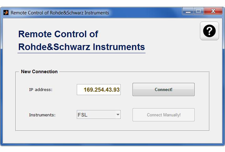 5.2 Nové připojení - maingui Aplikace Remote Control of Rohde & Schwarz Instruments se skládá z jednotlivých GUI každé příslušející jednomu konkrétnímu přístroji.