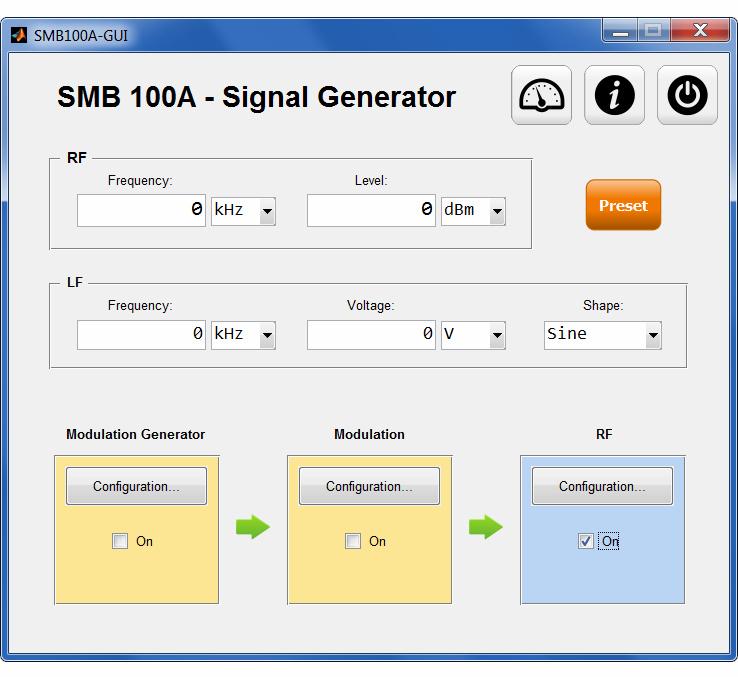 Jedná se o SMB100A-GUI, SMBV100A-GUI a SMC100A-GUI, přičemž každé z těchto grafických rozhraní ještě obsahuje tři další podokna poskytující možnost detailního nastavení vlastností