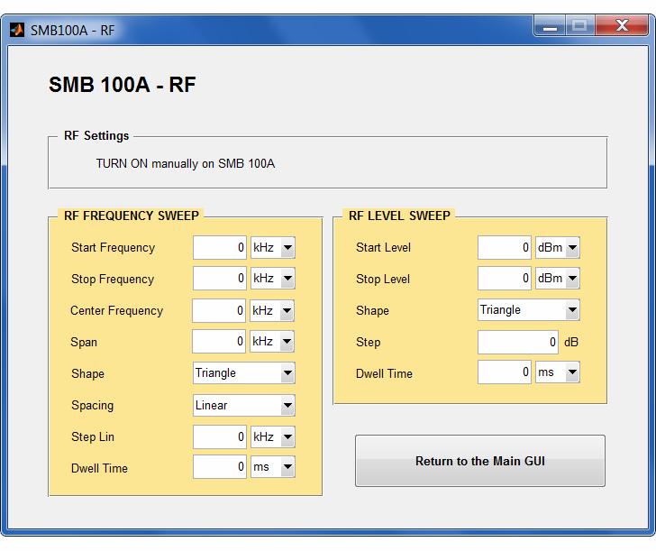 5.6.3 RF Obr. 5.17 RF GUI Vlastnosti plynulého posunu ( sweep ) frekvence a úrovně radiofrekvenčního generátoru lze nastavit v okně RF.
