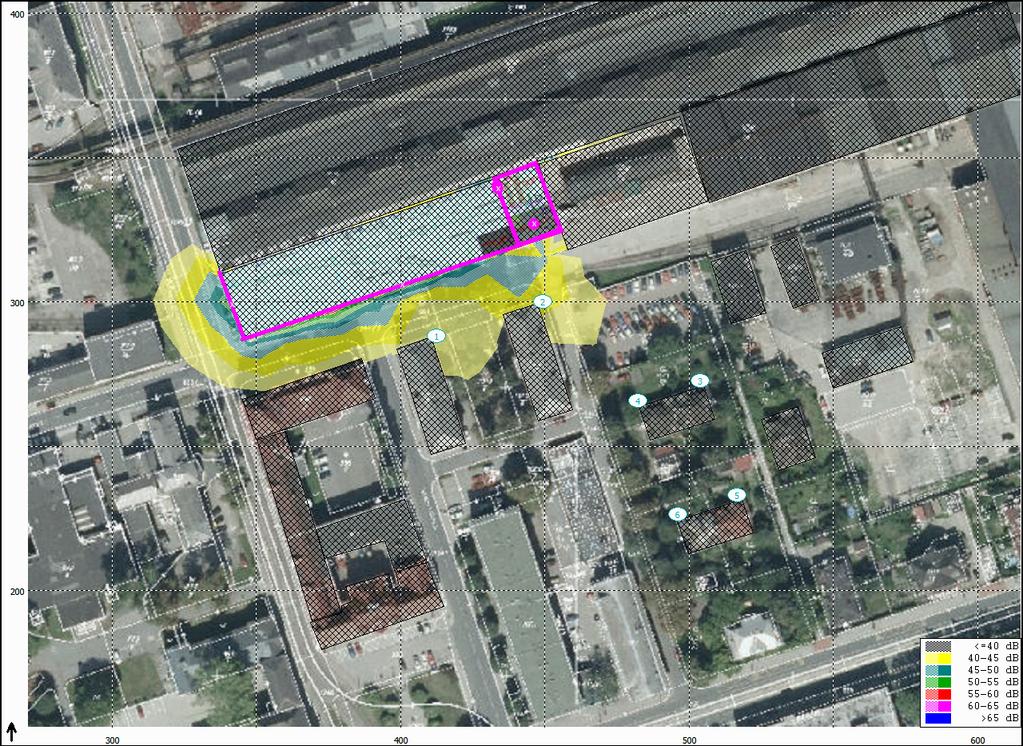 TECHNICKÉ SLUŽBY OCHRANY OVZDUŠÍ OSTRAVA spol. s r.o. Janáčkova 1020/7, 702 00 Ostrava Moravská Ostrava 5.2. Vypočtené hodnoty hlukové zátěže Izofony ve výšce 3 m T A B U L K A Č.