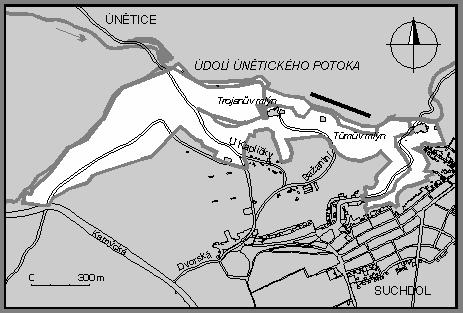 Jiří Háva: Výsledky průzkumu brouků čeledí Dermestidae a Silphidae (Coleoptera) v PR Údolí Únětického potoka Obr. 1. Situační schematická mapka přírodní rezervace Údolí Únětického potoka. Fig. 1. Schematic map of the Údolí Únětického potoka Nature Reserve.