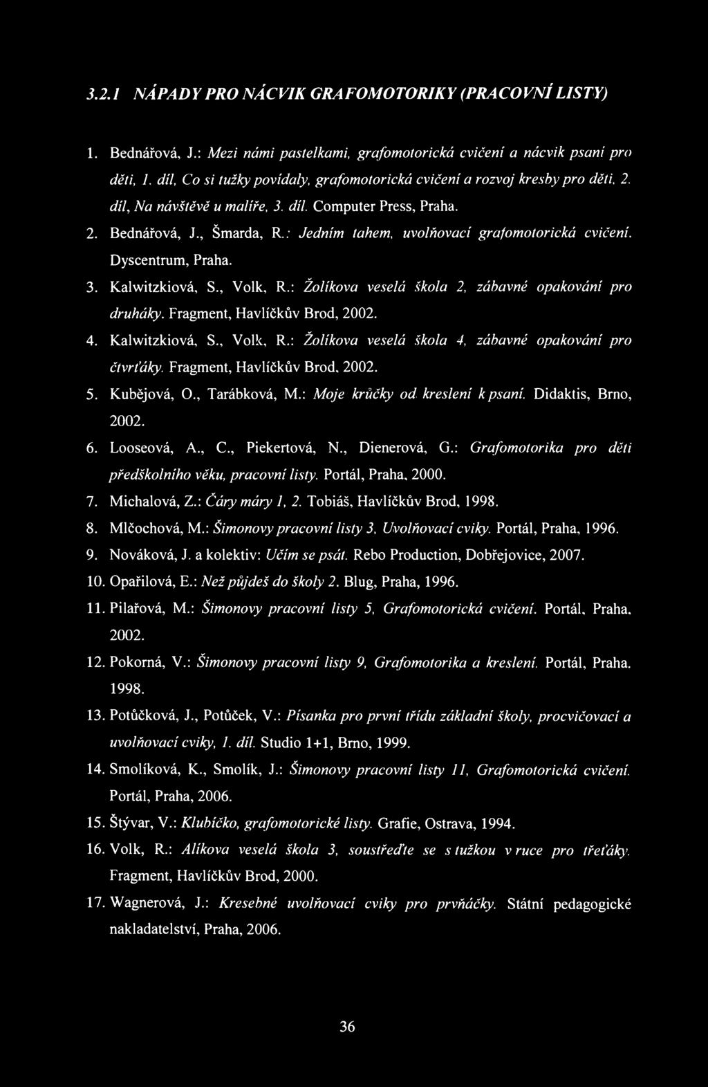 3.2.1 NÁPADY PRO NÁCVIK GRAFOMOTORIKY (PRACO VNÍ LISTY) 1. Bednářová, J.: Mezi námi pastelkami, grafomotorická cvičení a nácvik psaní pro děti, 1.