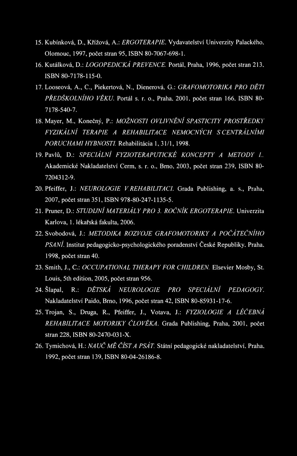 15. Kubínková, D., Křížová, A.: ERGOTERAPIE. Vydavatelství Univerzity Palackého. Olomouc, 1997, počet stran 95, ISBN 80-7067-698-1. 16. Kutálková, D.: LOGOPEDICKÁ PREVENCE.