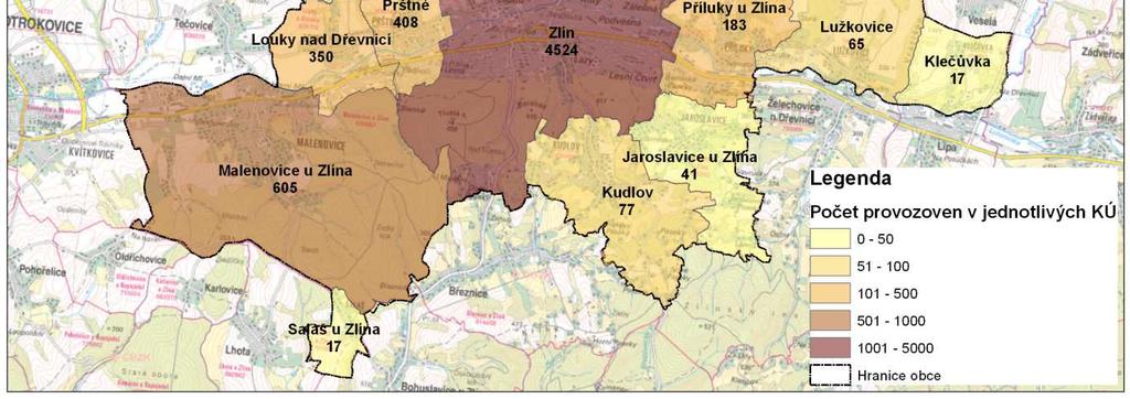 Příluky 92 183 Salaš 8 17 Štípa 67 125 Velíkova 14 26 Zlín 1144 4524 Suma 1989 6621 Tabulka 4: Počet provozoven v katastrálních