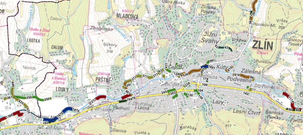 Níže doložené kartogramy zatížení cyklistické dopravy za 24 hodin běžného pracovního dne byly odvozeny pouze