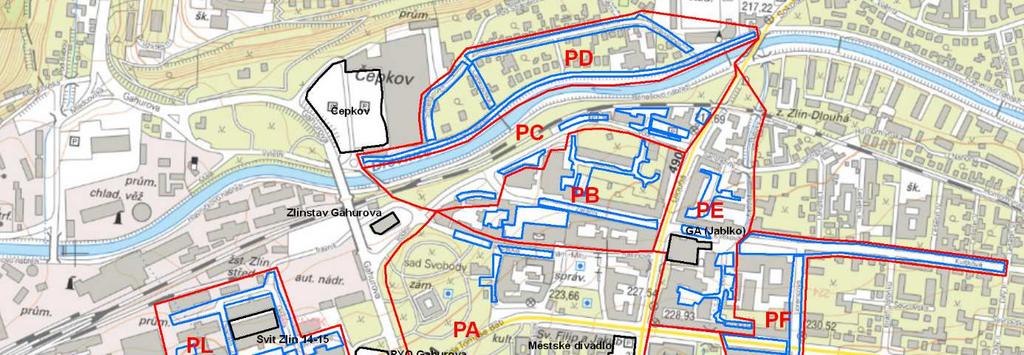 Následující obrázek dokládá vymezené území průzkumu, rozdělené na oblasti PA až PL (červeně ohraničené) a zakreslení parkovacích objektů (černě ohraničené), kde byly podklady byly získány z databází