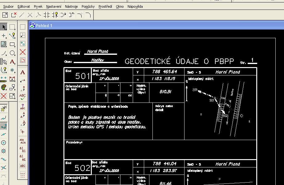 Obr. 17 Prostředí programu Microstation 7.10 Výsledky měření a porovnání metod Metodou geodetickou a metodou GPS jsem v lokalitě toku Ostřice zaměřil celkem 9 bodů PPBP.