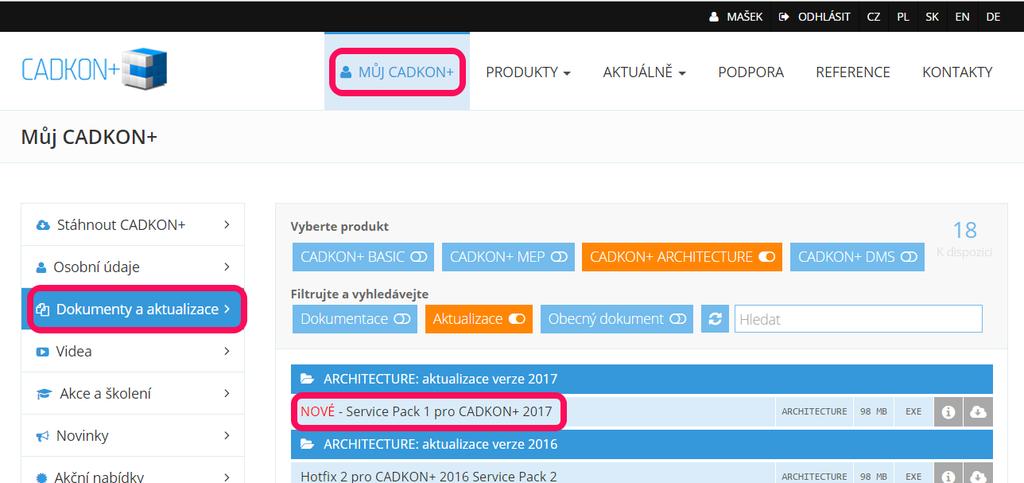 Instalační balíček Service pack 1 pro CADKON+ 2017 (SetupCadkonPlus_2017_SP1.exe) jste obdrželi formou odkazu v emailu od společnosti AB Studio, nebo si jej můžete stáhnout z www.cadkon.eu.
