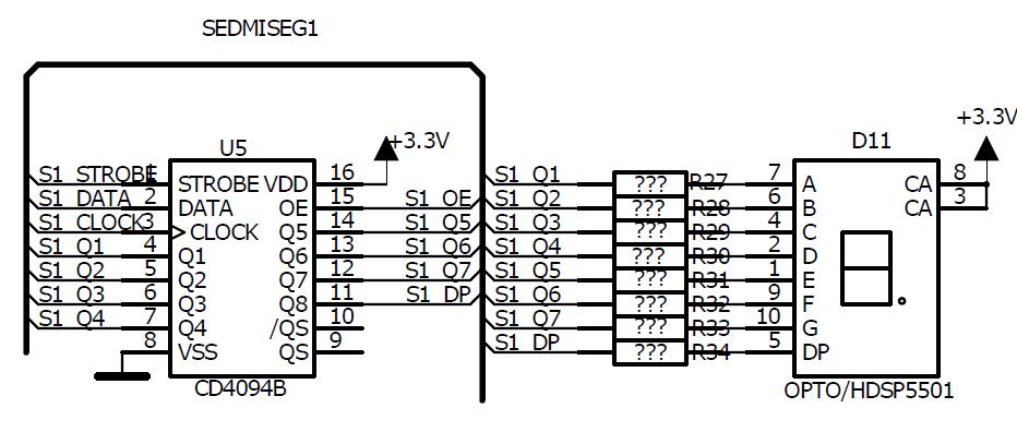 4.4.3 LCD displej 2x16 znaků Obrázek 70 : Zapojení sedmisegmentového displeje Vývojový kit obsahuje možnost připojení LCD displeje 2x16 znaků.