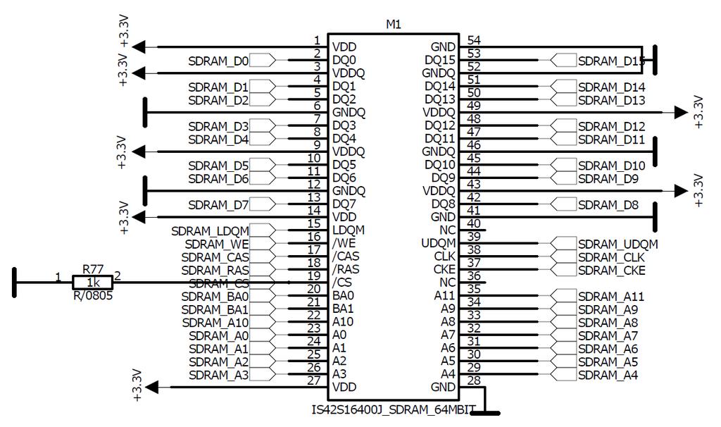 4.5.2 SDRAM paměť Ve vývojovém kitu je použita paměť SDRAM DDR od výrobce ISSI, typ IS42S16400J. Velikost paměti je 64 Mbit.