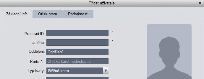 Nejdříve vytvoříme databázi uživatelů kliknutím na. Vyplníme údaje. Máme-li připojenu USB čtečku RFID karet, můžeme zde rovnou načíst číslo karty pro daného uživatele.