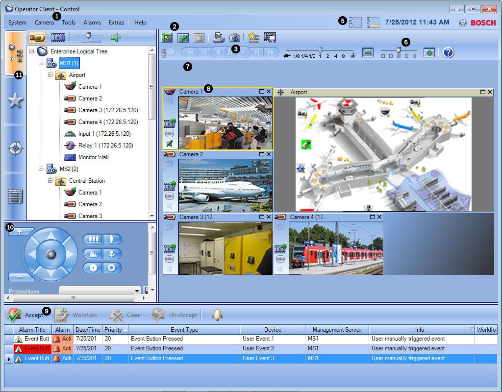 Bosch Video Management System Úvod cs 13 2 Úvod 1 Panel nabídek Umožňuje vybrat příkaz nabídky. 2 Panel nástrojů Zobrazuje dostupná tlačítka. Chcete-li zobrazit popis tlačítka, ukažte na jeho ikonu.