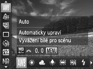 Barvy a sekvenční fotografování Úprava vyvážení bílé Statické snímky Úpravou vyvážení bílé (WB) můžete dosáhnout přirozenějších barev fotografované scény na snímku.