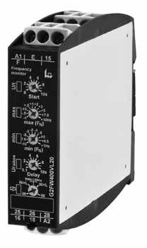 G2FW400VL20 Hlídací relé kmitočtu 50 Hz nebo 60 Hz Funkce okno (max a min) 2 bezpotenciálové přepínací kontakty Měřené napětí 110 až 400 V AC sin.