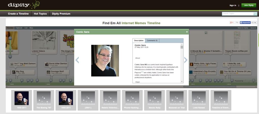 ČASOVÁ OSA: DIPITY.COM Dipity sází na maximální integraci s komunitními a publikačními platformami, ze kterých umí jak efektivně čerpat zdroje, tak také na nich publikovat.