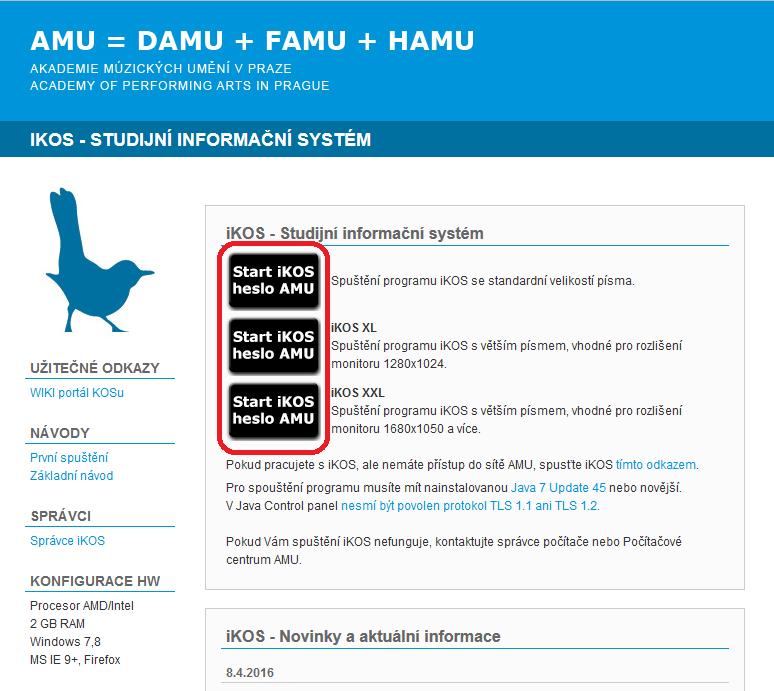 Pro spuštění ikos stačí zadat do internetového prohlížeče adresu: http://ikos.amu.cz Obrázek 1 - adresa aplikace Po zadání výše uvedené adresy se Vám zobrazí vstupní stránka do systému ikos, viz.