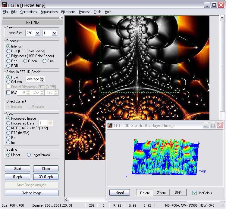 3D Graf: Obr. 4. 3D Graf nám plasticky znázorňuje danou veličinu (v tomto případě intenzitu) v analyzované oblasti.