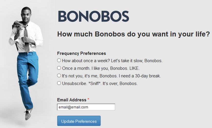6. ZLEPŠOVÁNÍ DORUČITELNOSTI NA STRANĚ APLIKACE Obrázek 6.1: Nastavení frekvence odesílání e-mailů u Bonobos zdroj: http://blog.marketo.com/wp-content/uploads/2013/09/bonobosopt-down.png fóra apod.