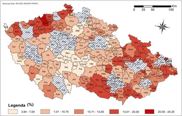 Obrázek 4: Míra nezaměstnanosti SO ORP 12/2005. Zdroj: vlastní zpracování, data MPSV 2016.