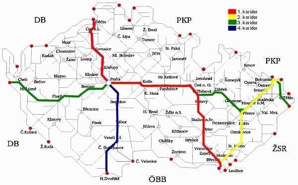 - zvyšování cestovní rychlosti v osobní železniční dopravě - zvyšování spolehlivosti a pravidelnosti v nákladní dopravě - rozšíření služeb pro přepravce využitím mezinárodní kombinované dopravy Obr.č.4 Schéma tranzitních železničních koridorů v ČR (zdroj:sždc) 2.