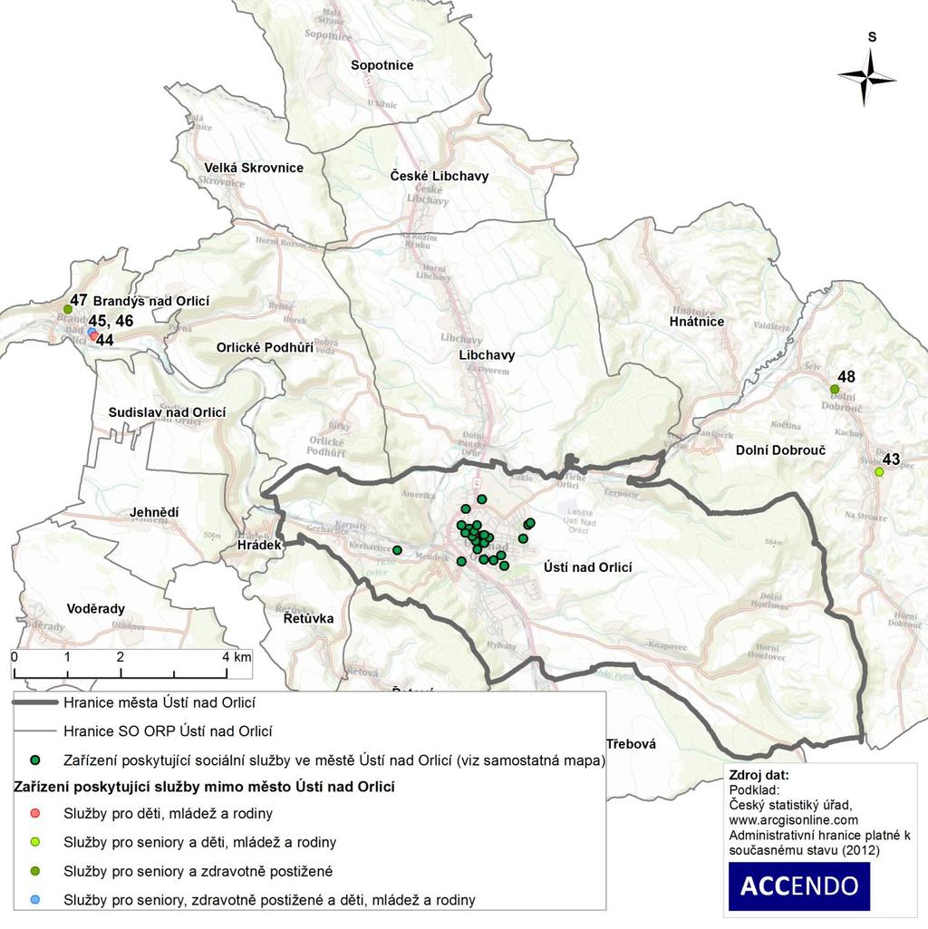 Poskytovatelé sociálních služeb, kteří sídlí na území SO ORP Ústí nad Orlicí jsou zobrazeni na