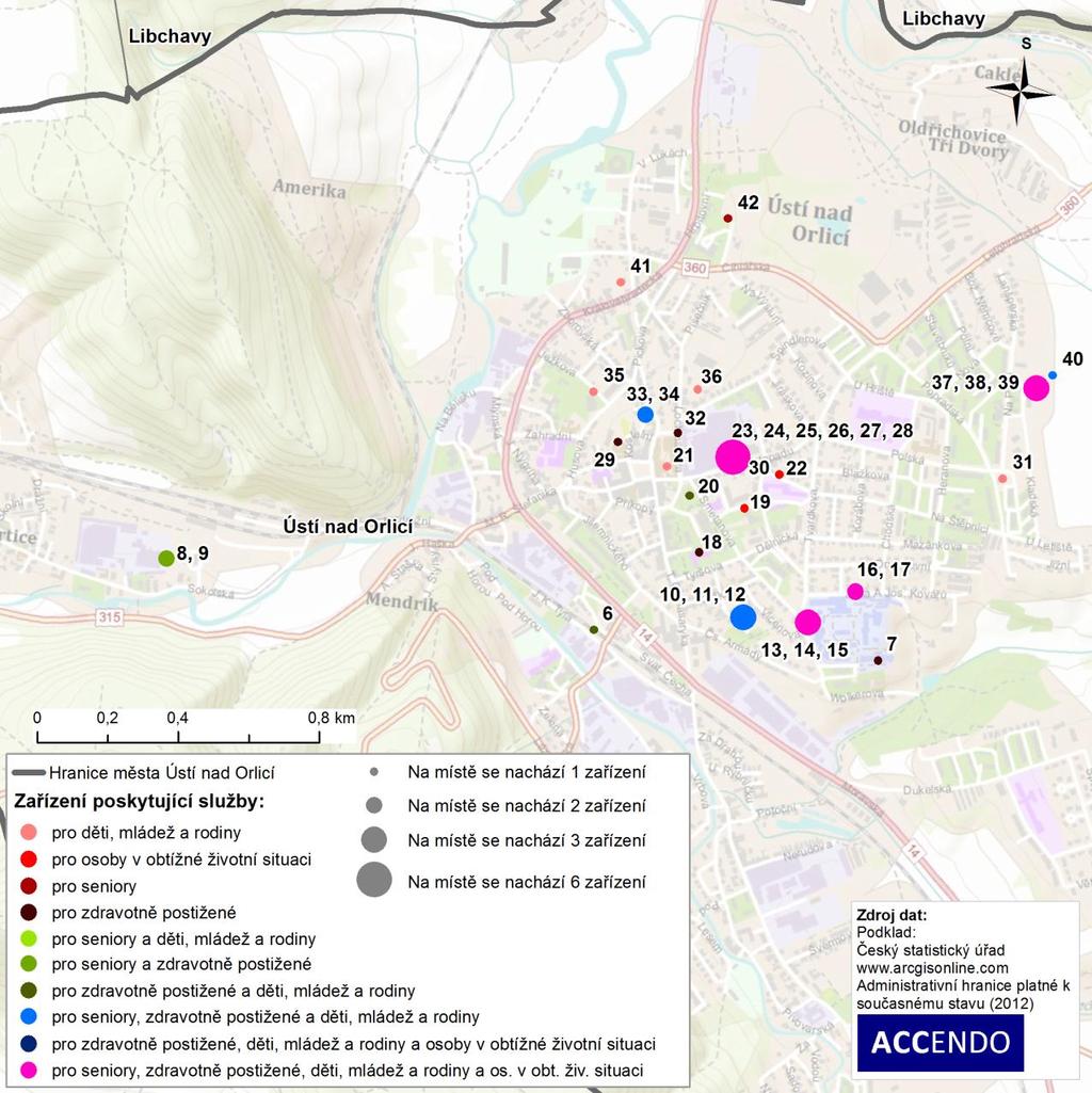 Většina poskytovatelů sociálních služeb působících na území SO ORP Ústí nad Orlicí sídlí ve městě Ústí nad Orlicí, jak uvádí následující mapa.