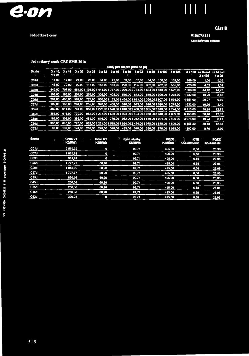 ČástB Jednotkové ceny Čblo daňového dokladu Jednotkový ceník CEZ SMB 2016 «azba COld 3x 10, 1 x2s 11.