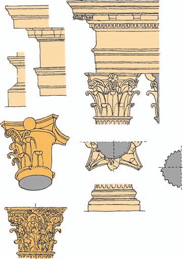 ArchitekturA lexikon architektonických prvků a stavebního řemesla konzolky římsa postamentu třídílný architráv sokl cípatý abakus růžice řez hlavicí stonky horní řada listů kalich