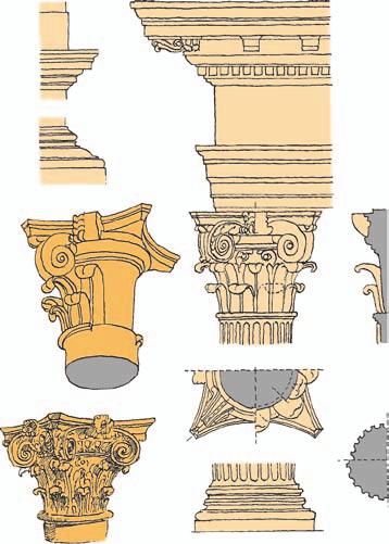 Klasická kapitola římsa postamentu sokl postamentu cípatý abakus mohutné voluty kruhový echinus kalich kalathos podvazující profil schéma hlavice dřík s 24