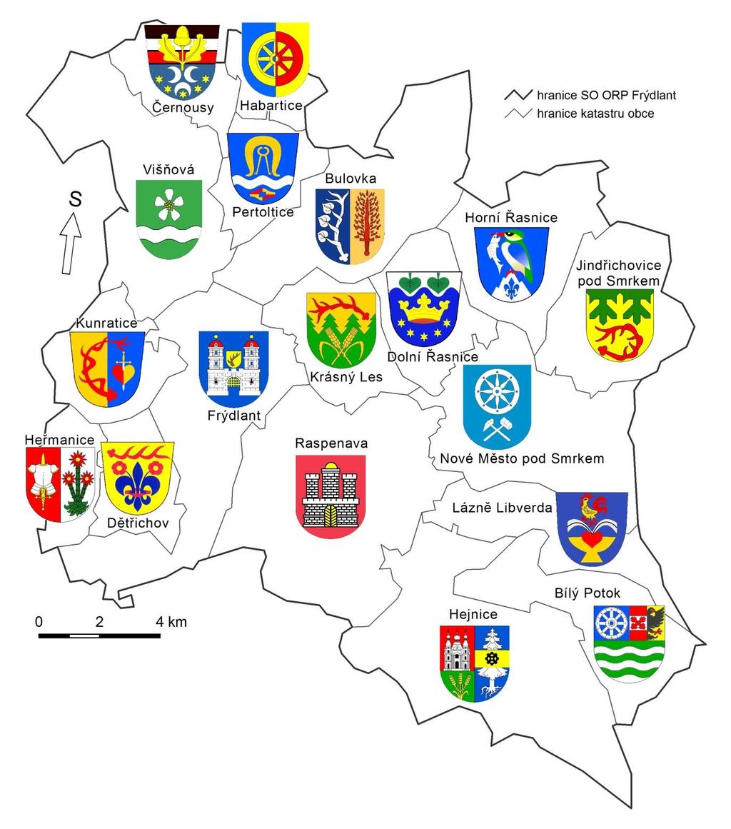 Příloha 1, mapa B Znaky obcí v ORP Frýdlant (2014) Zdroj dat: Geodatabáze ArcČR 500, ARCDATA Praha s.r.o. 2003.