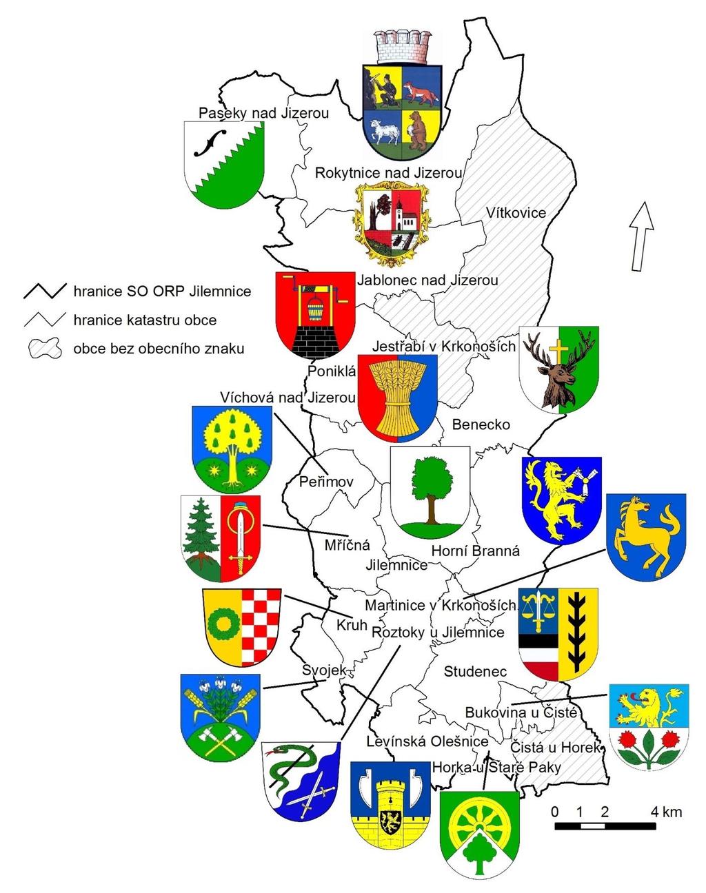 Příloha 1, mapa D Znaky obcí v ORP Jilemnice (2014) Zdroj dat: Geodatabáze ArcČR 500, ARCDATA Praha s.r.o. 2003.