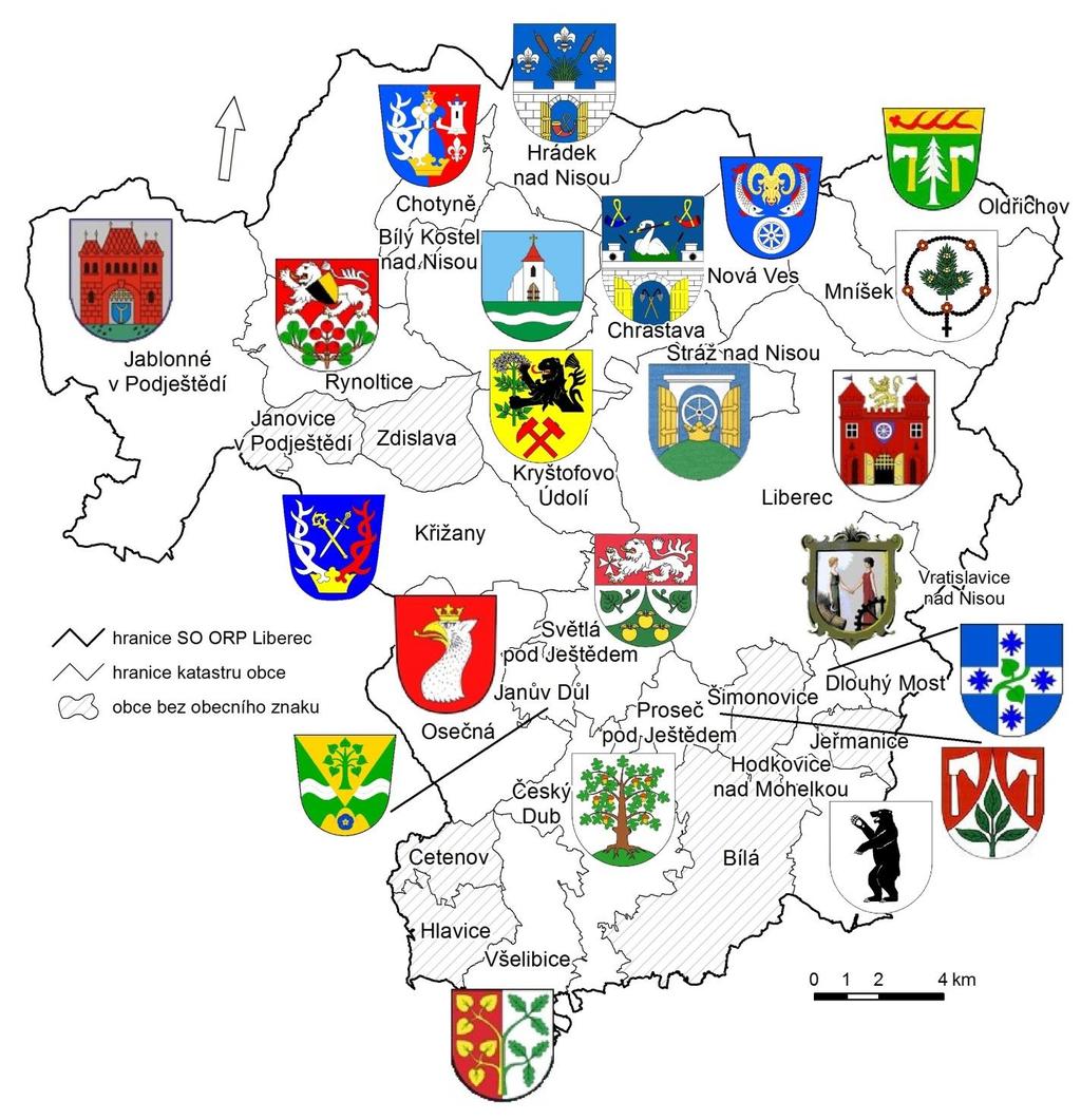 Příloha 1, mapa E Znaky obcí v ORP Liberec (2014) Zdroj dat: Geodatabáze ArcČR 500, ARCDATA Praha s.r.o. 2003.