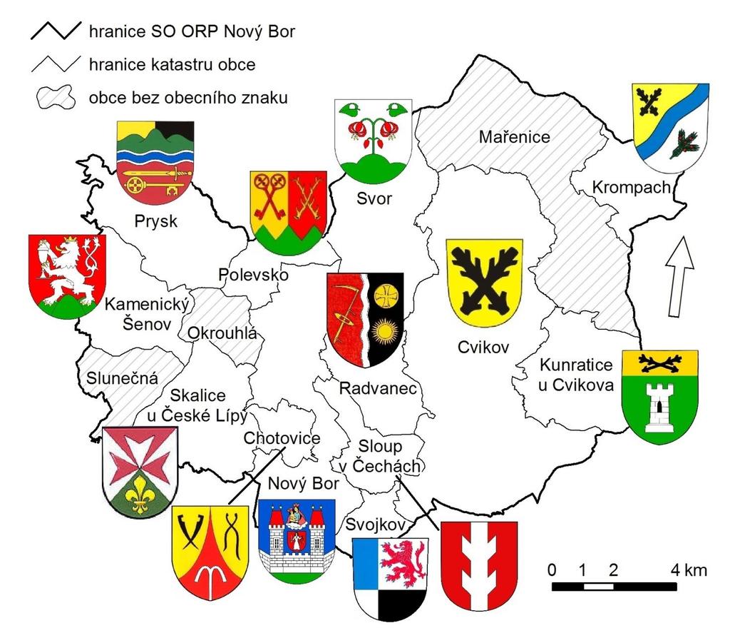 Příloha 1, mapa F Znaky obcí v ORP Nový Bor (2014) Zdroj dat: Geodatabáze ArcČR 500, ARCDATA Praha s.r.o. 2003.