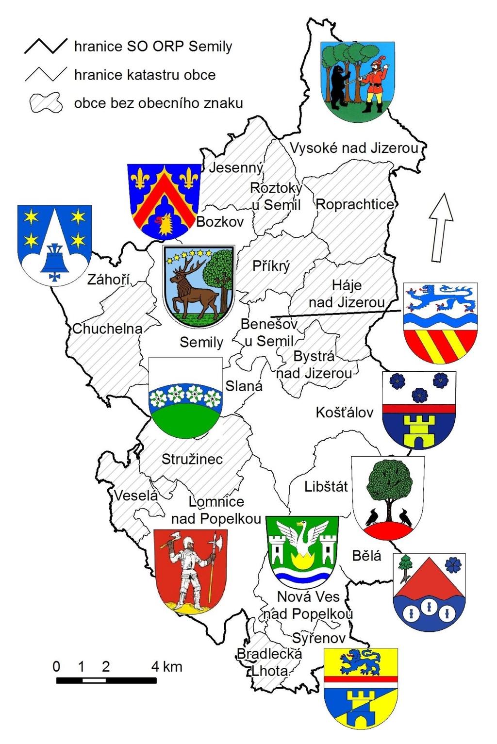 Příloha 1, mapa G Znaky obcí v ORP Semily (2014) Zdroj dat: Geodatabáze ArcČR 500, ARCDATA Praha s.r.o. 2003.