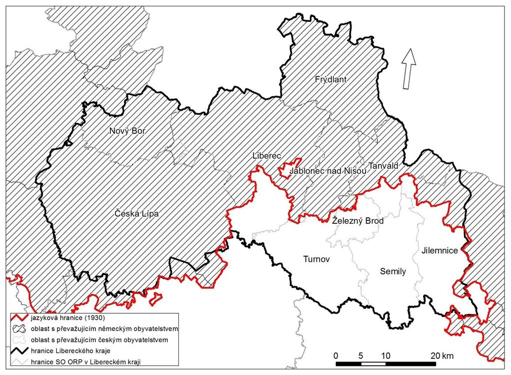 Mapa 3: Národnostní hranice na území dnešního Libereckého kraje podle sčítání obyvatel v roce 1930 Zdroj dat: Z. Kučera, autor jazykové hranice; Geodatabáze ArcČR 500, ARCDATA Praha, s.r.o. 2003.