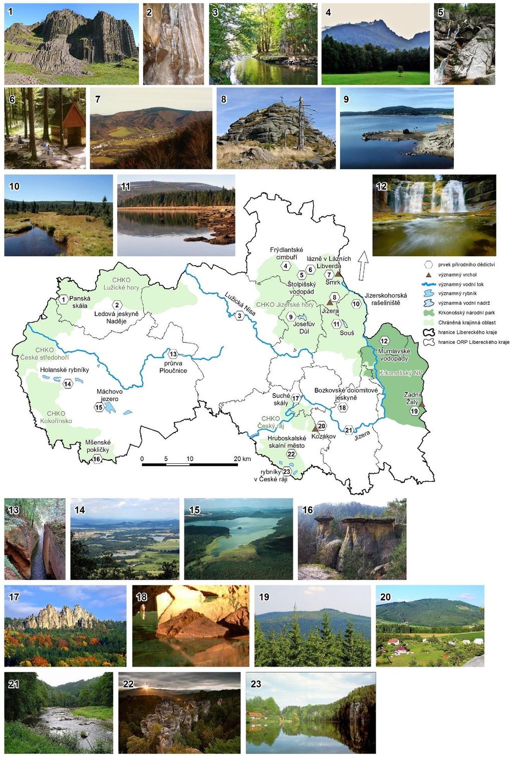 Mapa 5: Přírodní dědictví Libereckého kraje (2014) Zdroj dat: Geodatabáze ArcČR 500, ARCDATA Praha, s.r.o. 2003; Fotografie převzaty z: 1) wikimedia.org; 2) liberecky-kraj.