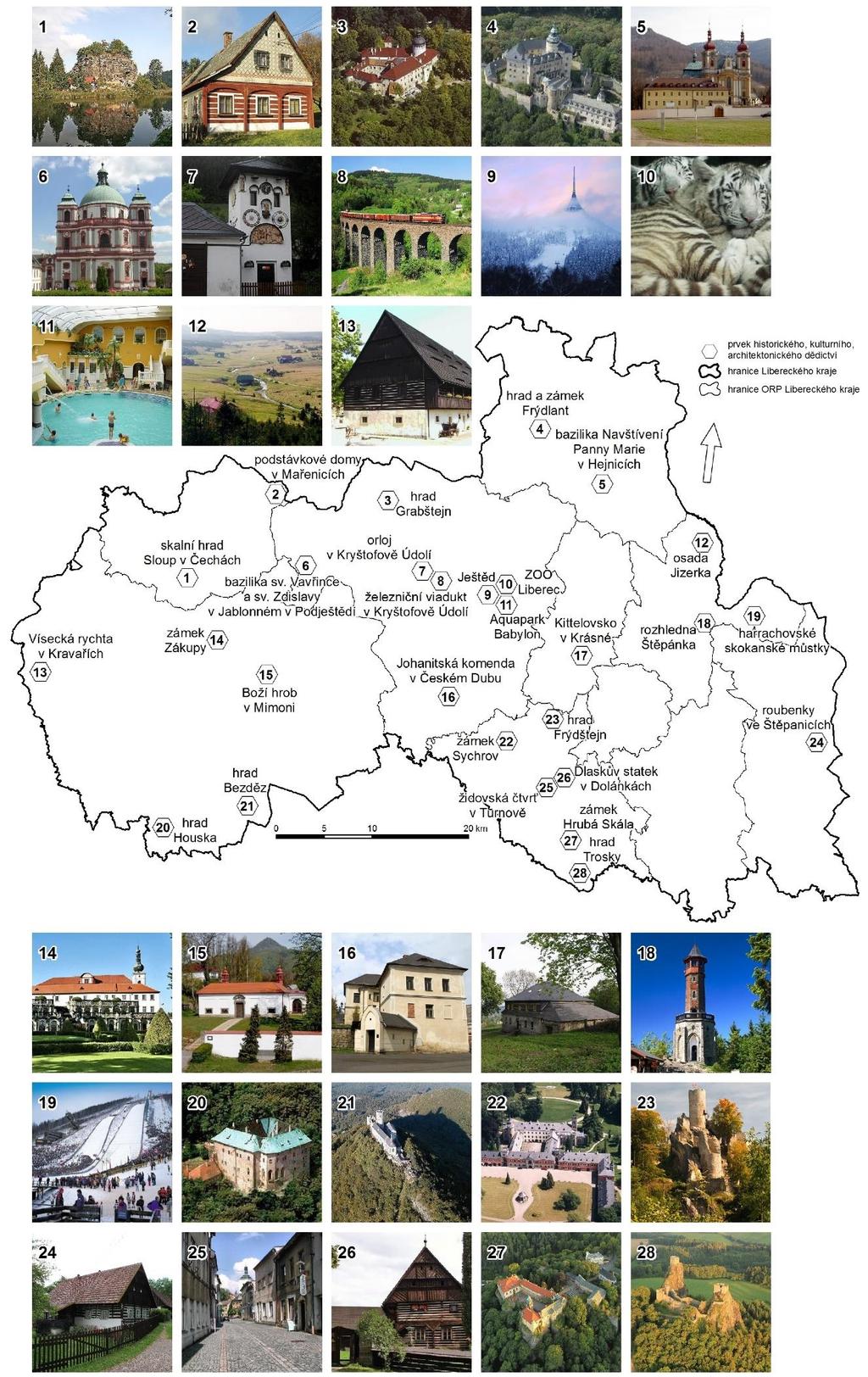 Mapa 6: Kulturní dědictví Libereckého kraje (2014) Zdroj dat: Geodatabáze ArcČR 500, ARCDATA Praha, s.r.o. 2003; Fotografie převzaty z: 1) wikimedia.org; 2) chatar-chalupar.cz; 3) grabstejn.