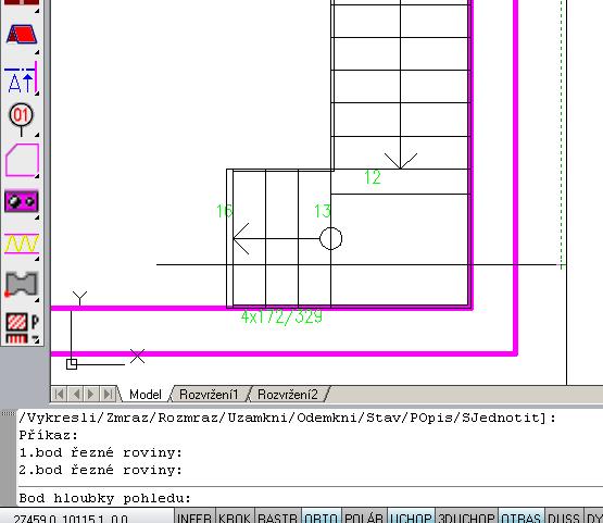 Poté zadáme bod kam chceme řez vložit, oknem vybereme schodiště a zadáme