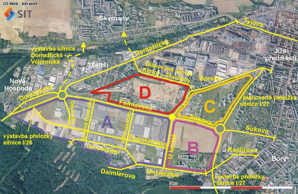 část bývalého areálu podniku Škoda Malvíny, většinou zatím nezastavěné, revitalizované území určené pro vznik větších průmyslových závodů, tzv. brownfield.