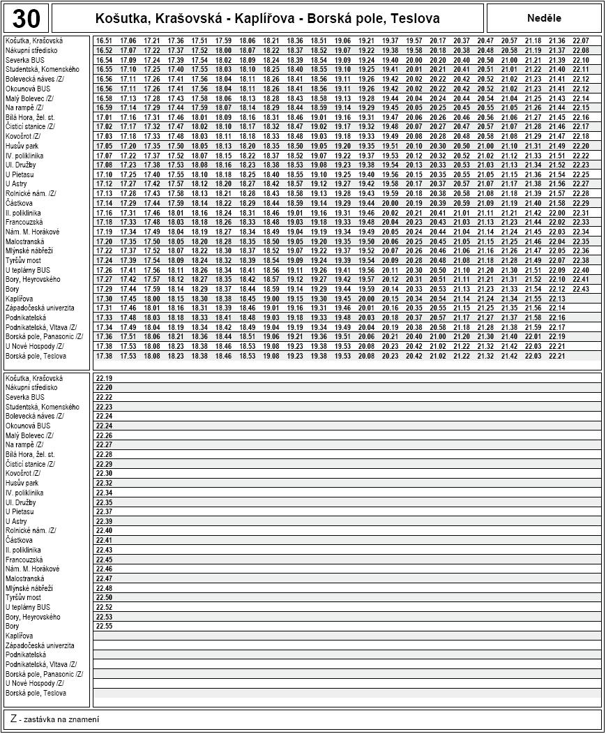 Příloha č. 17 jízdní řád linky č. 30, nedělní plný provoz.