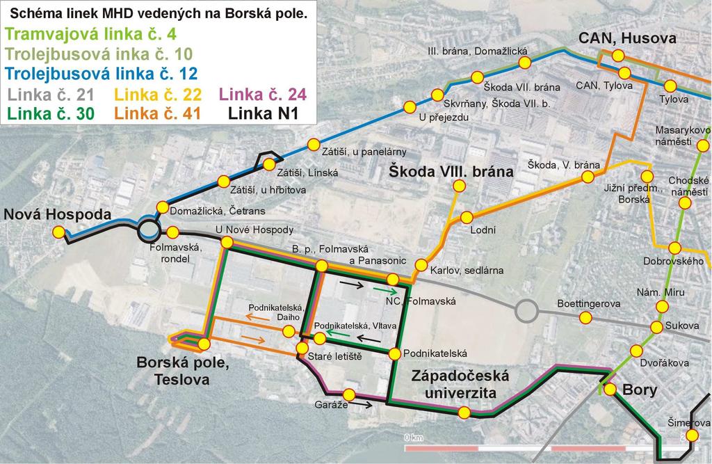 č. 41, vedené v trase Borská pole, Teslova Univerzitní (směr tam) Podnikatelská (směr zpět) U Panasoniku Folmavská CAN, Husova sady Pětatřicátníků Vinice.