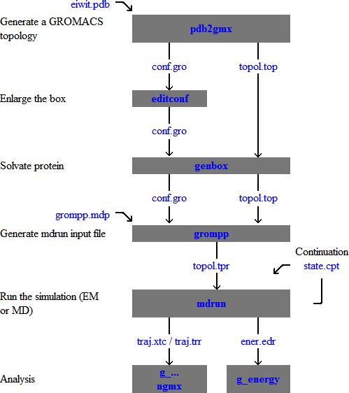 Typická simulace Získat strukturu (PDB) Opravit ji Vytvořit simulační box Připravit topologii (parametry silového