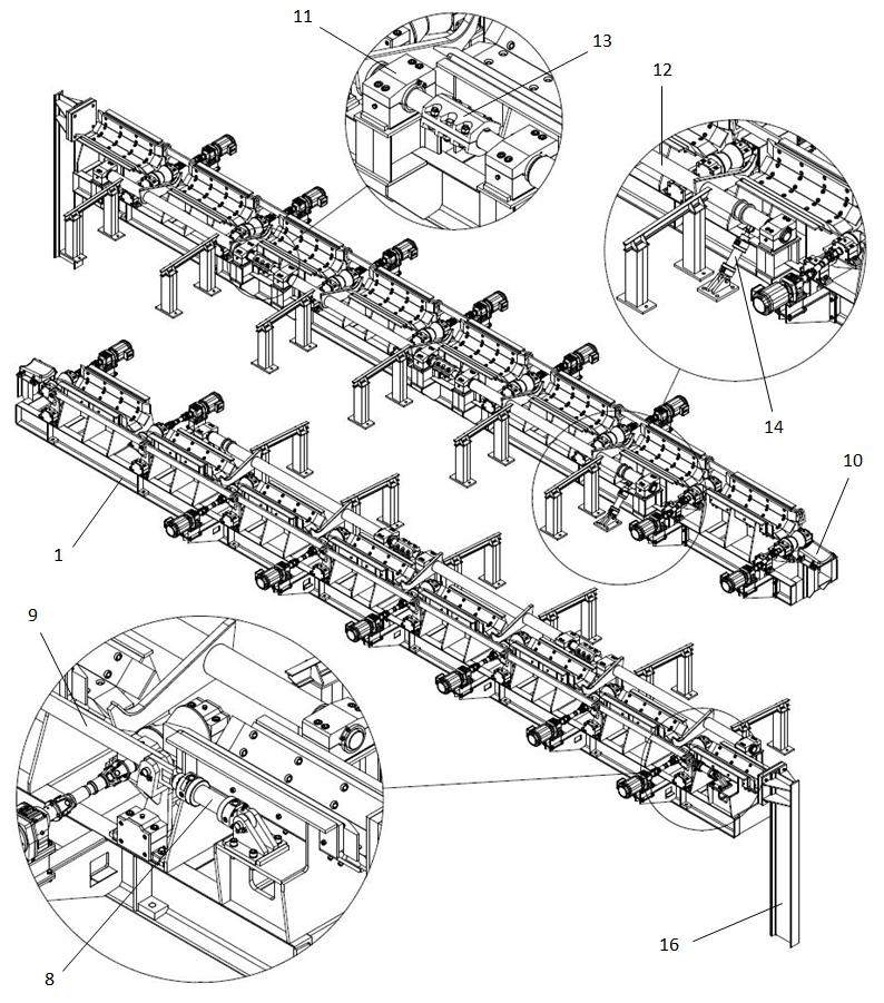 Obr. 2 Výstupní žlab: 1-Základní rám, 8-Hydraulický válec, 9-Táhlo, 10-Vstupní odlitek,