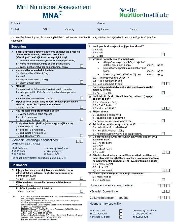 Příloha 3: Mini Nutritional Assessment (MNA) 119 119 Mini Nutritional