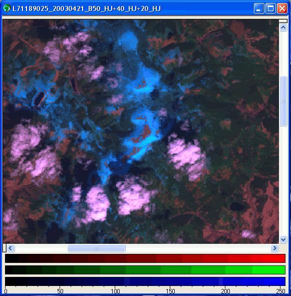 Obrázek č. 9 Kompozice pásem ETM+2, ETM+4 a ETM+5 v nepravých barvách pro oblast A g) Otevřete soubor L71189025_20030421_B70_HJ.