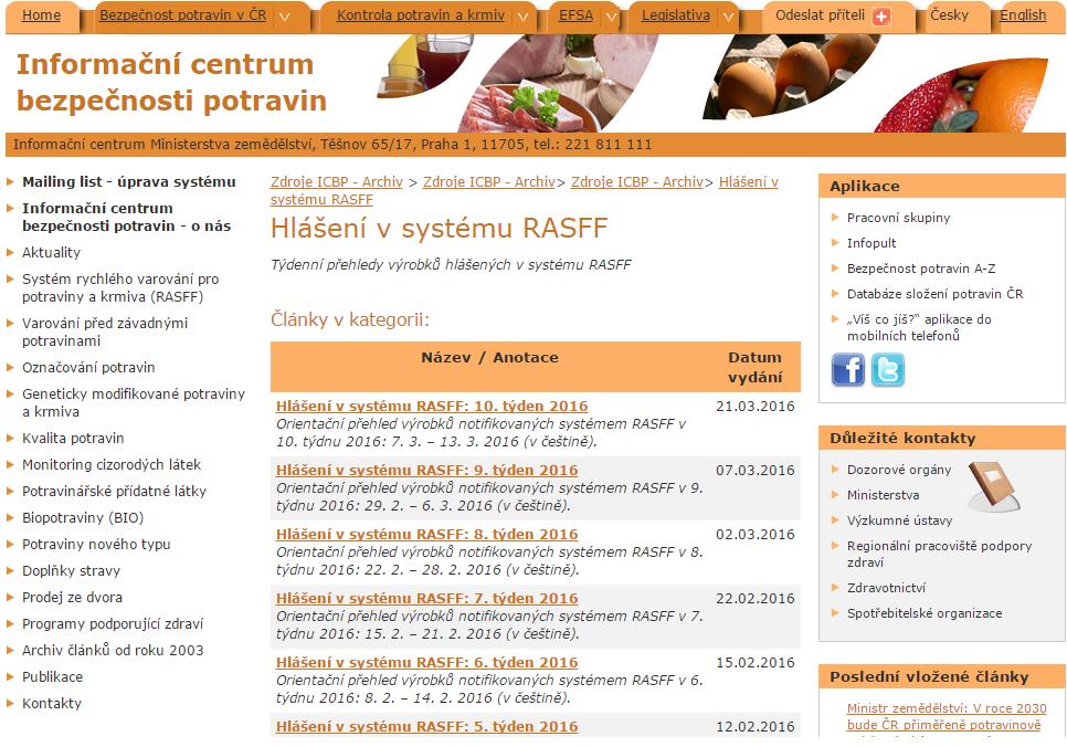 Rapid Alarm System for Food and Feed (RASFF) systém rychlého varování pro potraviny a krmiva Systém RASFF slouží pro ohlašování