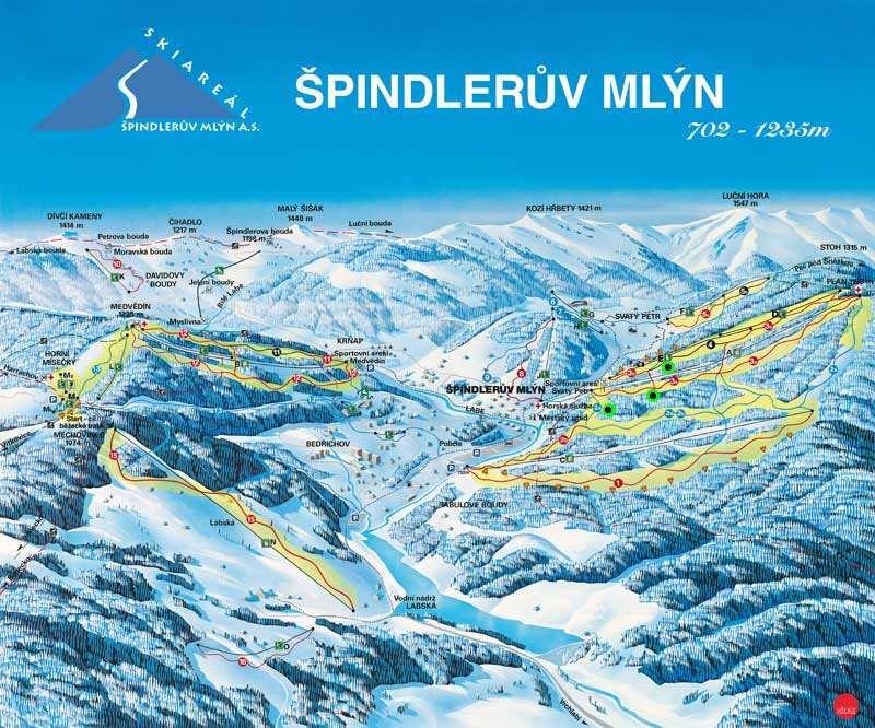 4.3. Špindlerův Mlýn Skiareál Špindlerův Mlýn provozuje 5 lanových drah a 11 lyžařských vleků ve Špindlerově Mlýně a na Horních Mísečkách, celkem 26 km sjezdových tratí, z kterých je 95% technicky