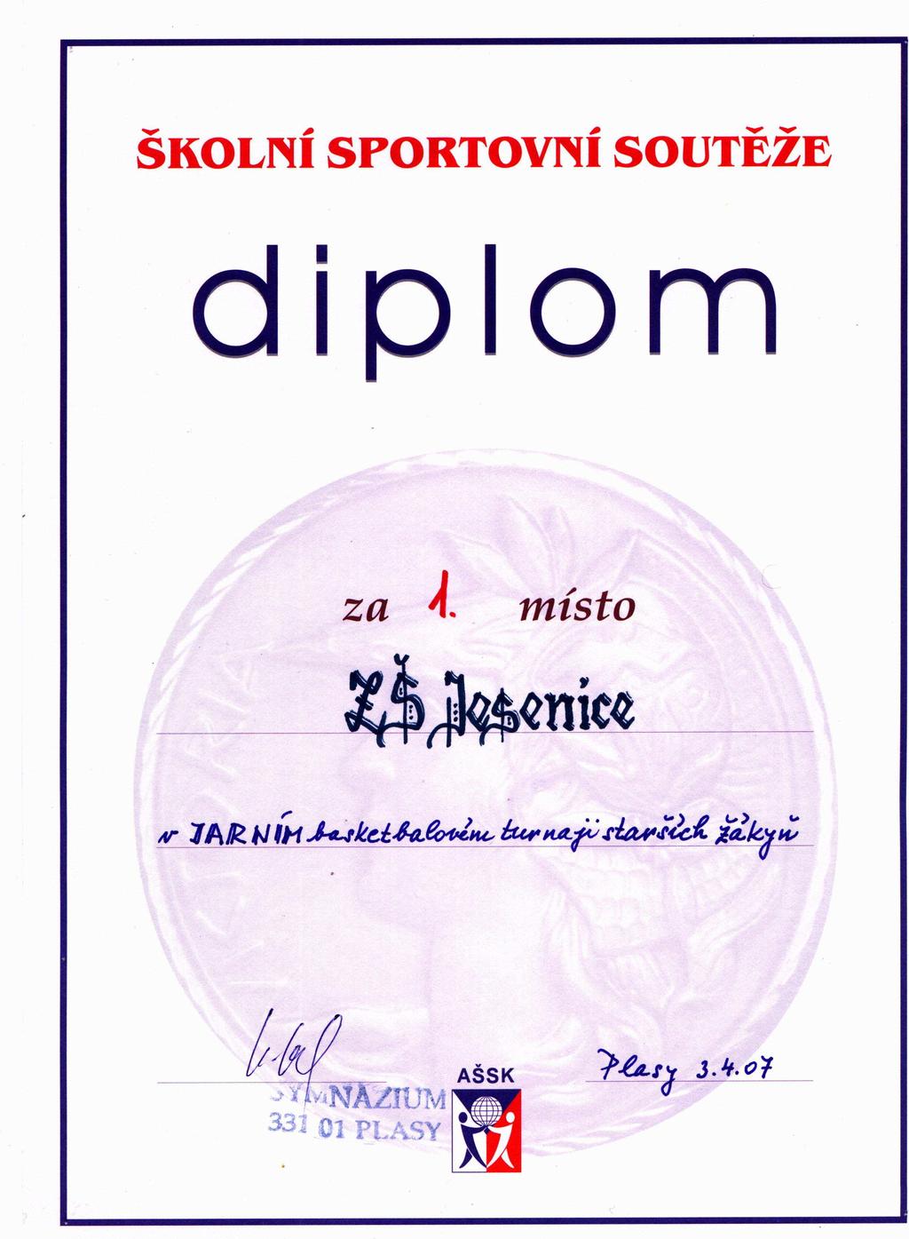 dubna 2007 budou basketbalistky Jesenice jistě rády vzpomínat. Z Jarního turnaje starších žákyň v Plasích si totiž přivezly cenné vítězství. Více nám už prozradí Pavlína Tomašovská z VIII.B.